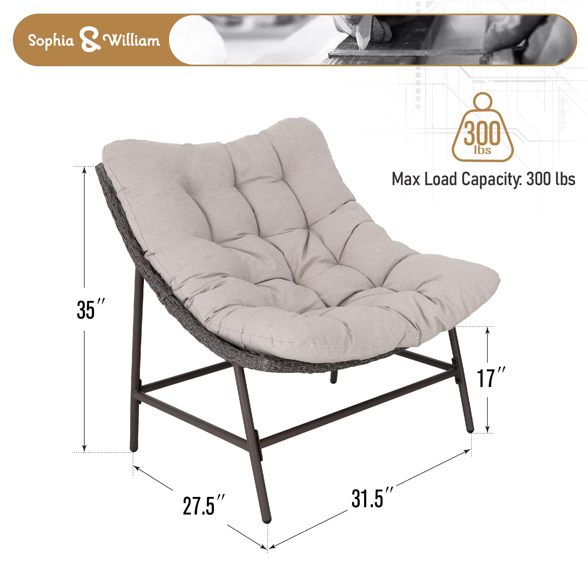Sophia & William Outdoor Papasan Chairs Set of 2 - Rattan Club Scoop Lounge Chairs with 3.9