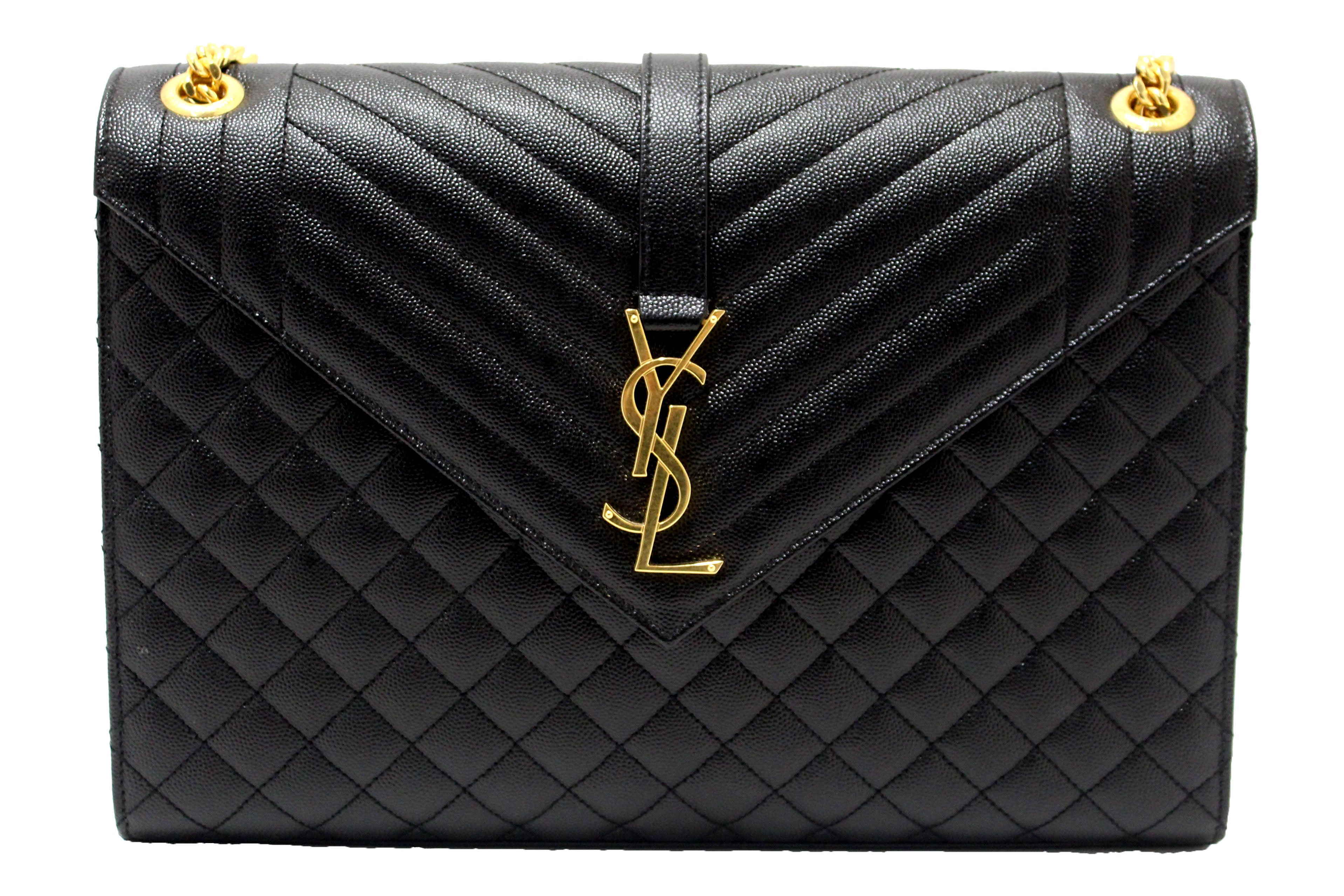 Authentic Saint Laurent Black Matelasse Grain De Poudre Embossed Leather Large Envelope Bag - Luxury Designer Handbag for Women, Perfect for Work, Evening Events & Everyday Use