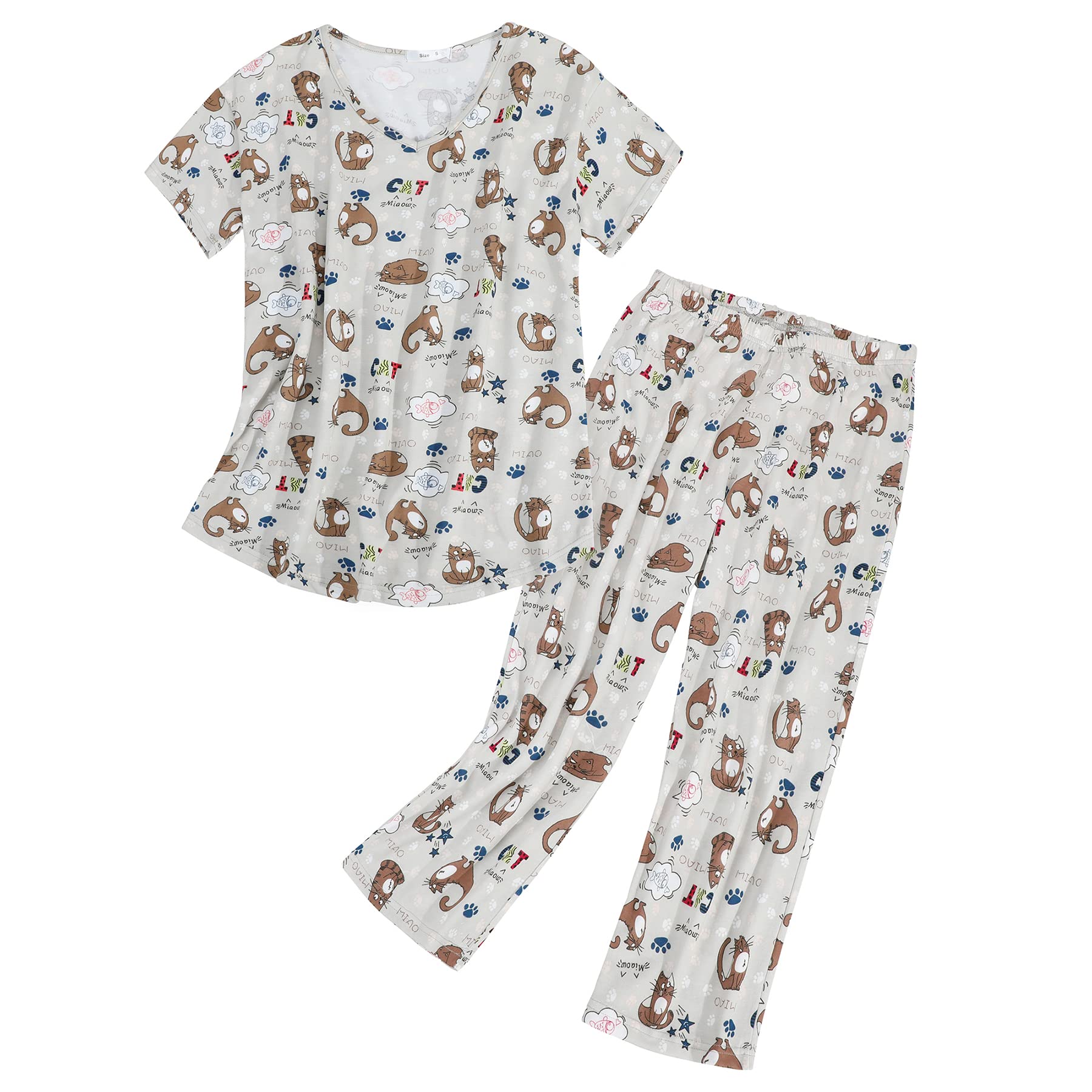 Zando Women's 2-Piece Cartoon Print Pajama Set - Soft Lounge Sleepwear with Pants & Capri - Perfect for Relaxing at Home, Sleepovers & Cozy Nights