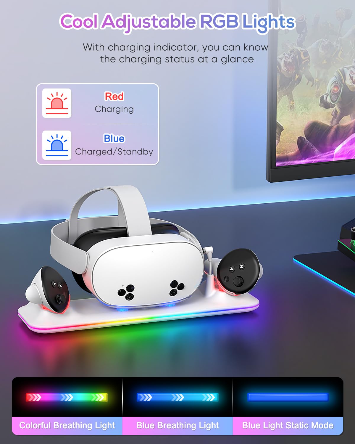 Meta Quest 3S/3 Charging Dock with RGB Lights - Magnetic Charging Station for Oculus Quest 3S/3 VR Headset & Controllers - Includes 2 Rechargeable Batteries - Perfect for Gaming, VR Entertainment & Home Theater Setup