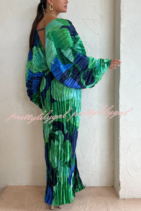 Tropical Oasis Capri Print Kimono Sleeve Pleated Cocoon Maxi Dress | Flowy Beach Cover Up & Summer Vacation Outfit for Women | Perfect for Pool Parties, Resort Wear & Boho Fashion