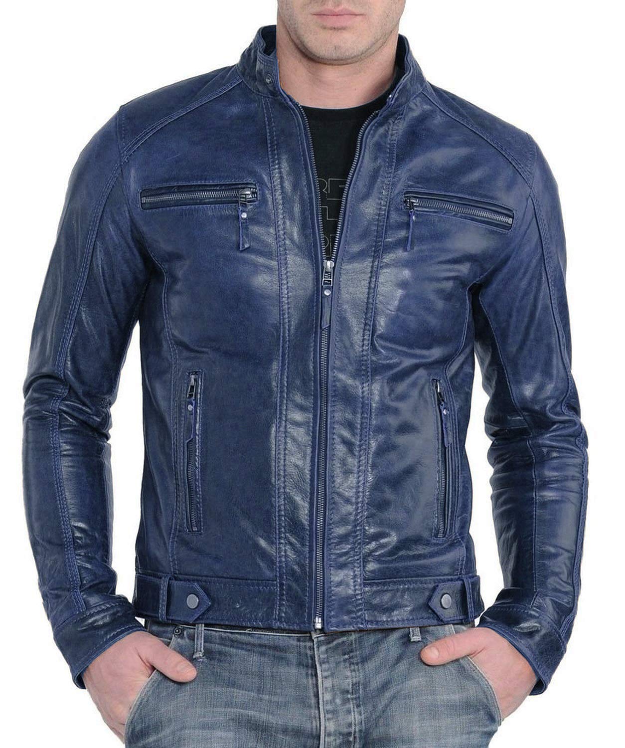 Benjer Skins Genuine Lambskin Leather Jacket for Men - Premium Motorcycle Biker Jacket with Zipper Pockets | Perfect for Riding, Casual Wear & Outdoor Adventures