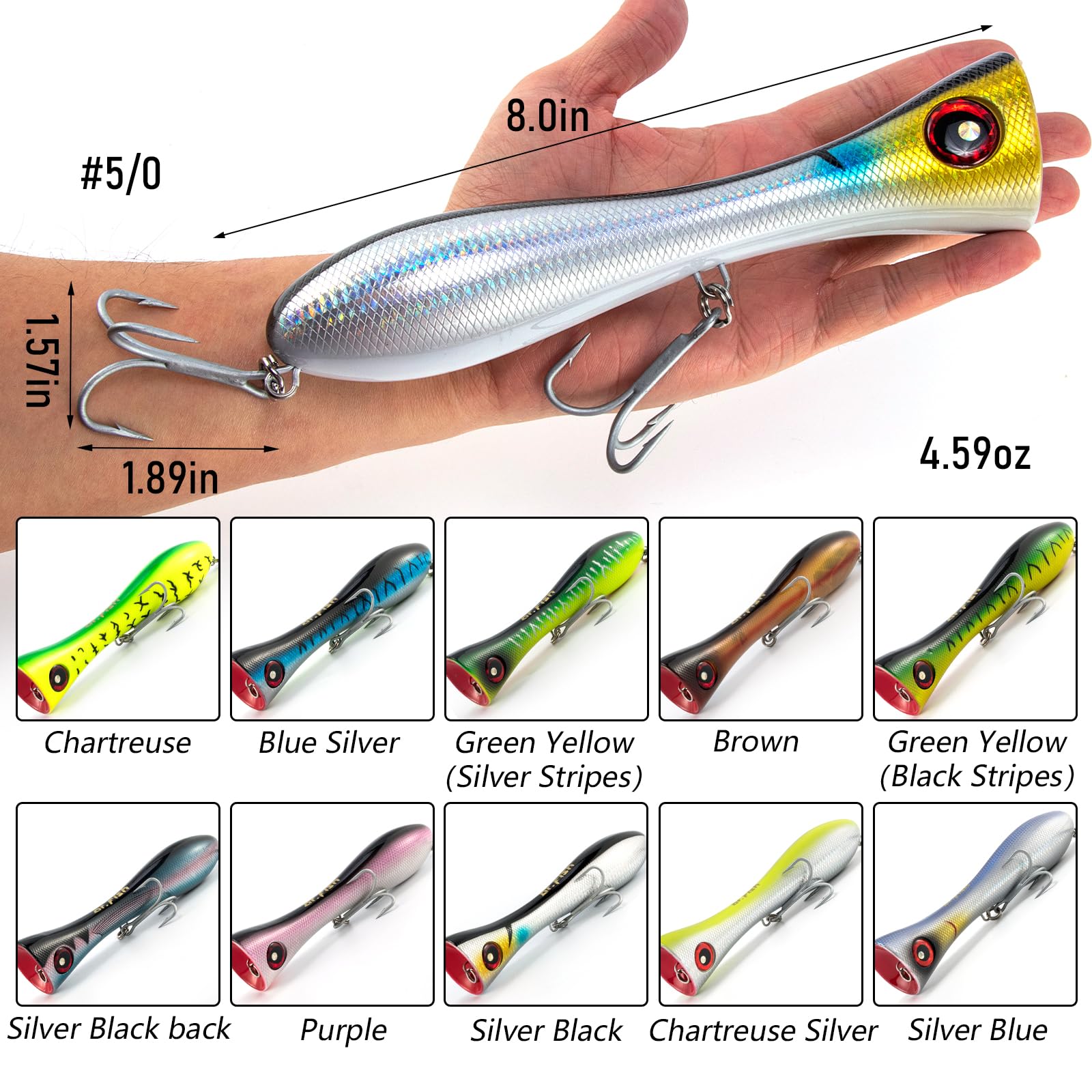 Dr.Fish 8-Inch Topwater Popper Saltwater Fishing Lure with VMC Treble Hooks - GT Popper Surf Fishing Lure for Striper, Tuna & Bluefish - Pencil Popper Offshore Fishing Plug - Ideal for Surf Casting, Trolling & Saltwater Game Fishing