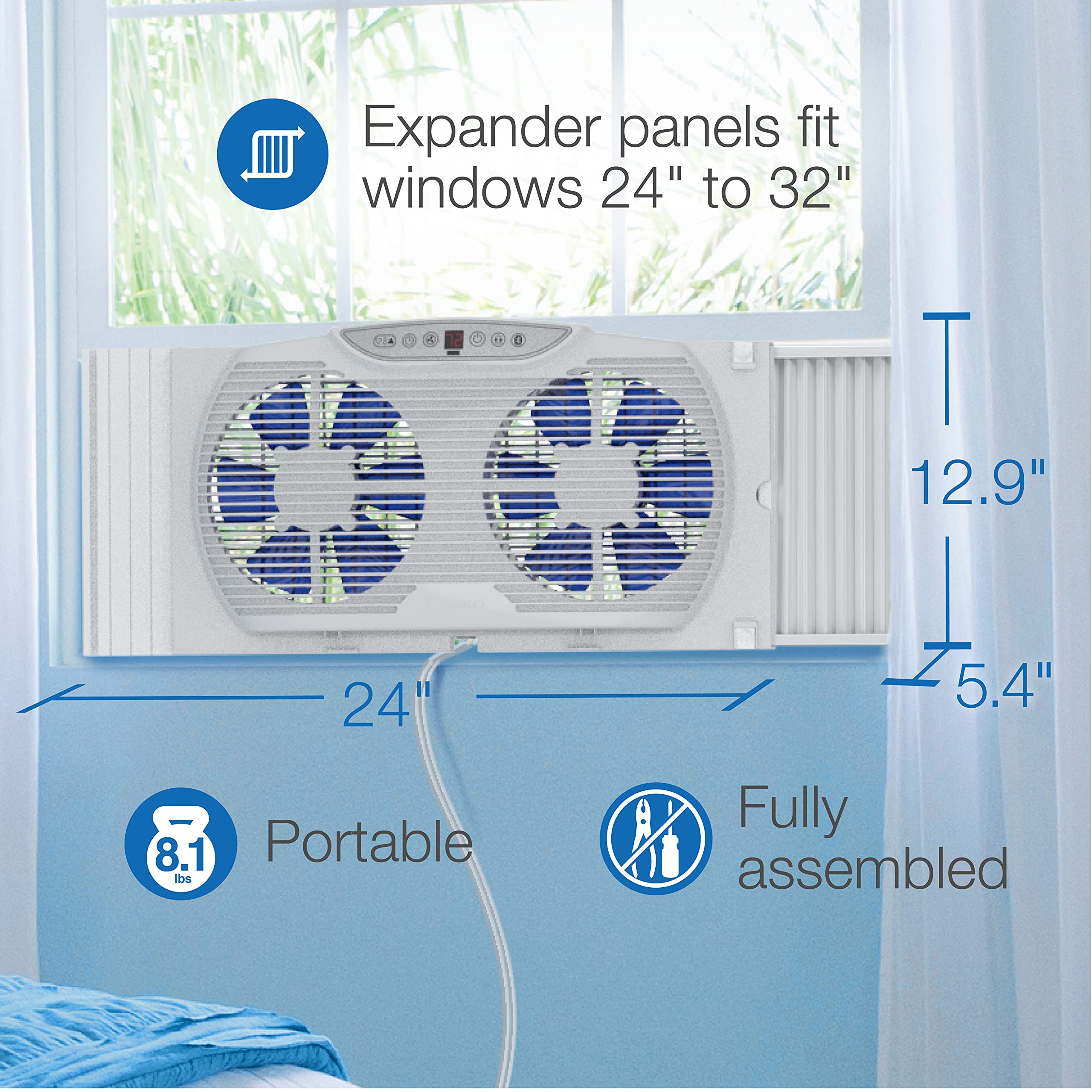 Lasko W09560 Bluetooth Twin 9-Inch Smart Window Fan with Reversible Motors, Thermostat & Timer - White | Perfect for Bedroom Cooling & Home Ventilation | Energy Efficient Indoor Air Circulation for Summer & Year-Round Comfort