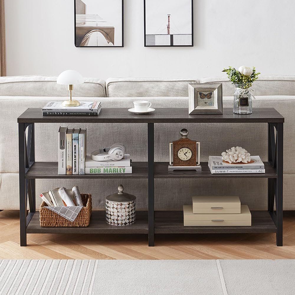 LVB Rustic Console Table - Industrial Modern Sofa Table Behind Couch, Long Entryway Table with Storage Shelf | Farmhouse Foyer & Hallway Table for Living Room, Bedroom & Home Decor | Dark Gray Oak Finish, 63 Inch | Perfect for Small Spaces & Apartment Entryways