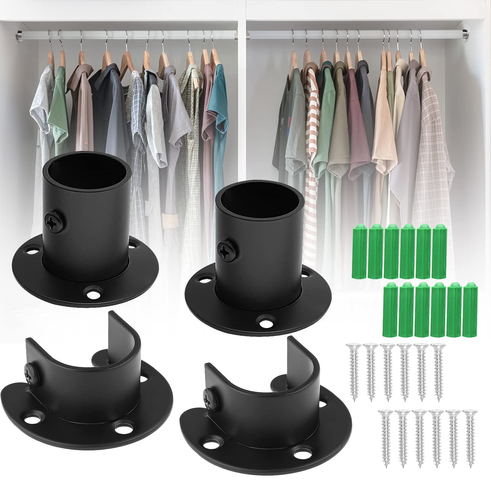 4PCS Heavy Duty Black Stainless Steel Closet Rod Bracket Set - 1