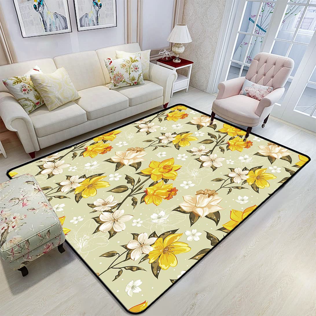 Floral Print Area Rug 4'x5' - Spring Branches Pattern with Dots & Lines - Soft Living Room Carpet, Bedroom Decor, Dining Room Rug, Home Office Floor Mat - Perfect for Boho Chic & Modern Interior Design