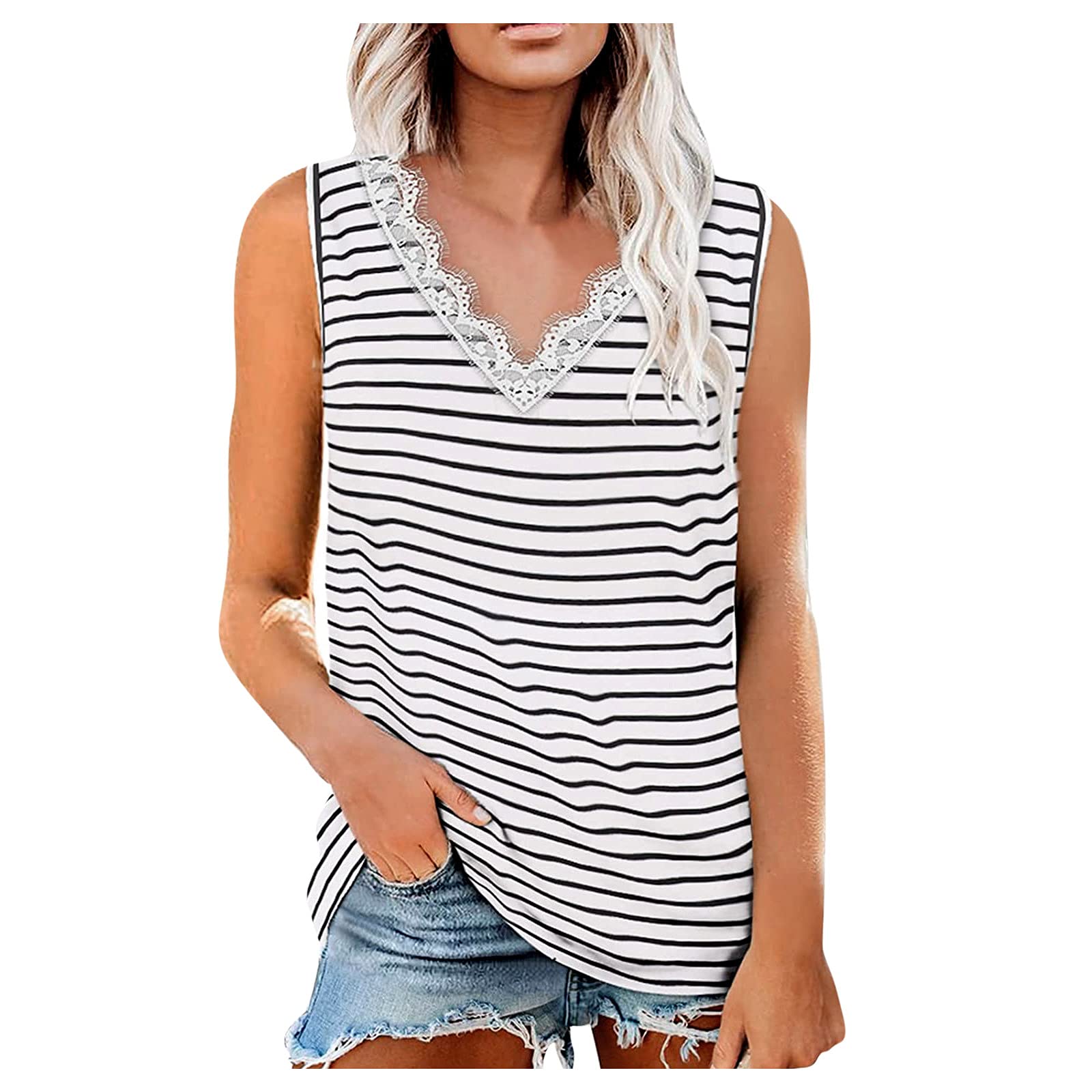 Fankle Women's Plus Size Summer Tank Tops - Sleeveless Striped V-Neck Tunic Blouse Tee Shirt | Casual Wear, Beach Outfit & Layering Essential