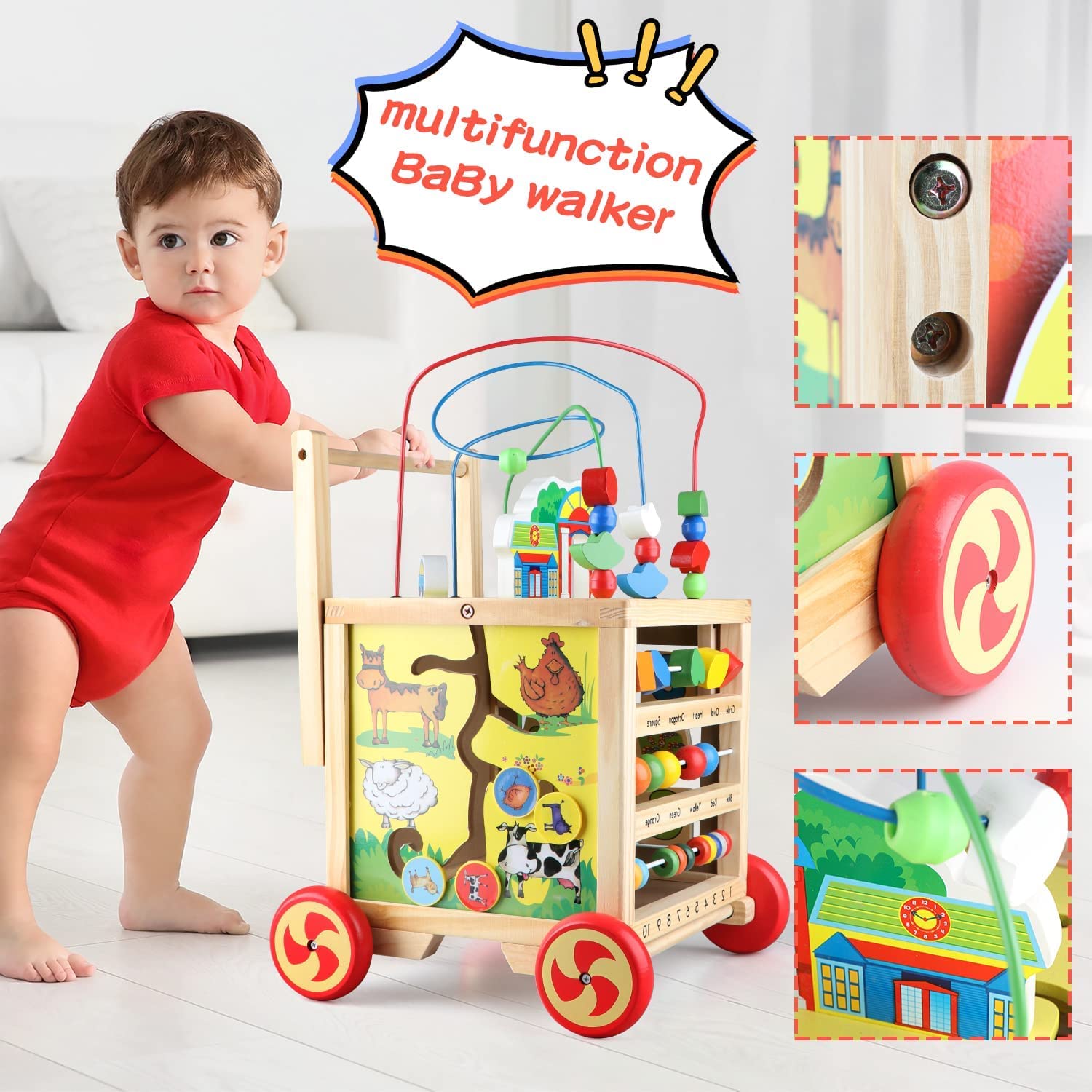 Wondertoys 6-in-1 Wooden Activity Cube - Bead Maze, Shape Sorter, Abacus & Learning Walker | Educational Baby Push Pull Toy | Perfect Gift for Toddlers 1-3 Years | Great for Early Learning & Motor Skill Development