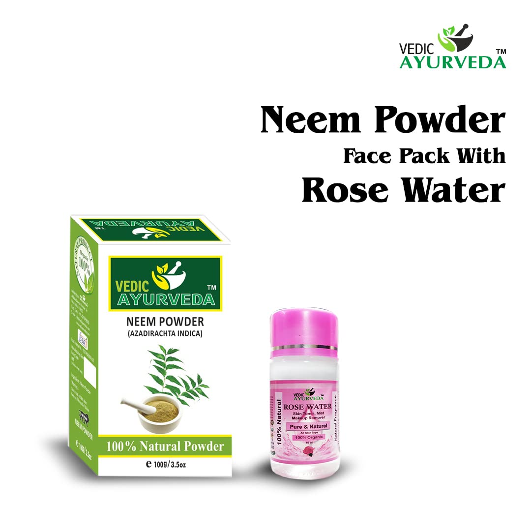 Organic Neem Powder Face Pack with Free Rose Water (60ml) - Natural Face Cleanser & Hair Treatment for Stronger Hair, Reduces Hair Fall & Dandruff, Promotes Healthy Hair Growth (100g Neem Powder + 60ml Rose Water) - Perfect for Daily Skincare & Hair Care Routine