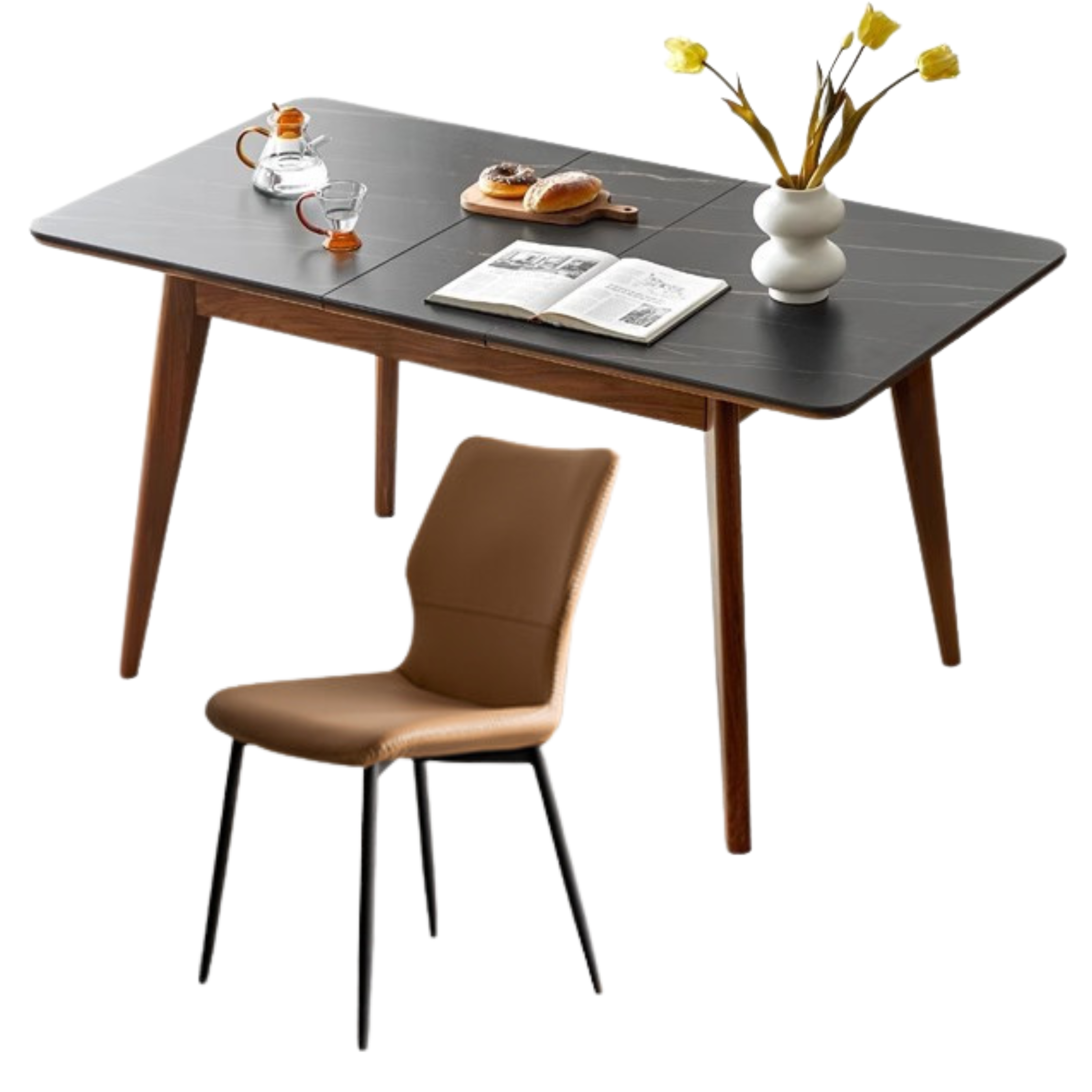 Premium Black Walnut & Ash Solid Wood Extendable Dining Table - Expandable Rock Slab Design for Modern Farmhouse, Rustic Kitchen & Open Concept Dining Rooms