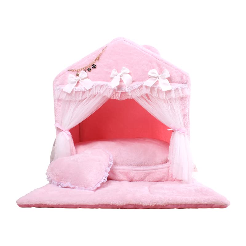 Handmade Princess Pet Bed for Small Dogs & Cats - Washable Removable Sofa Cushion with Frame Cover, Warm Cozy Tent House (Pink, Medium) - Perfect for Indoor Lounging & Nap Time Comfort