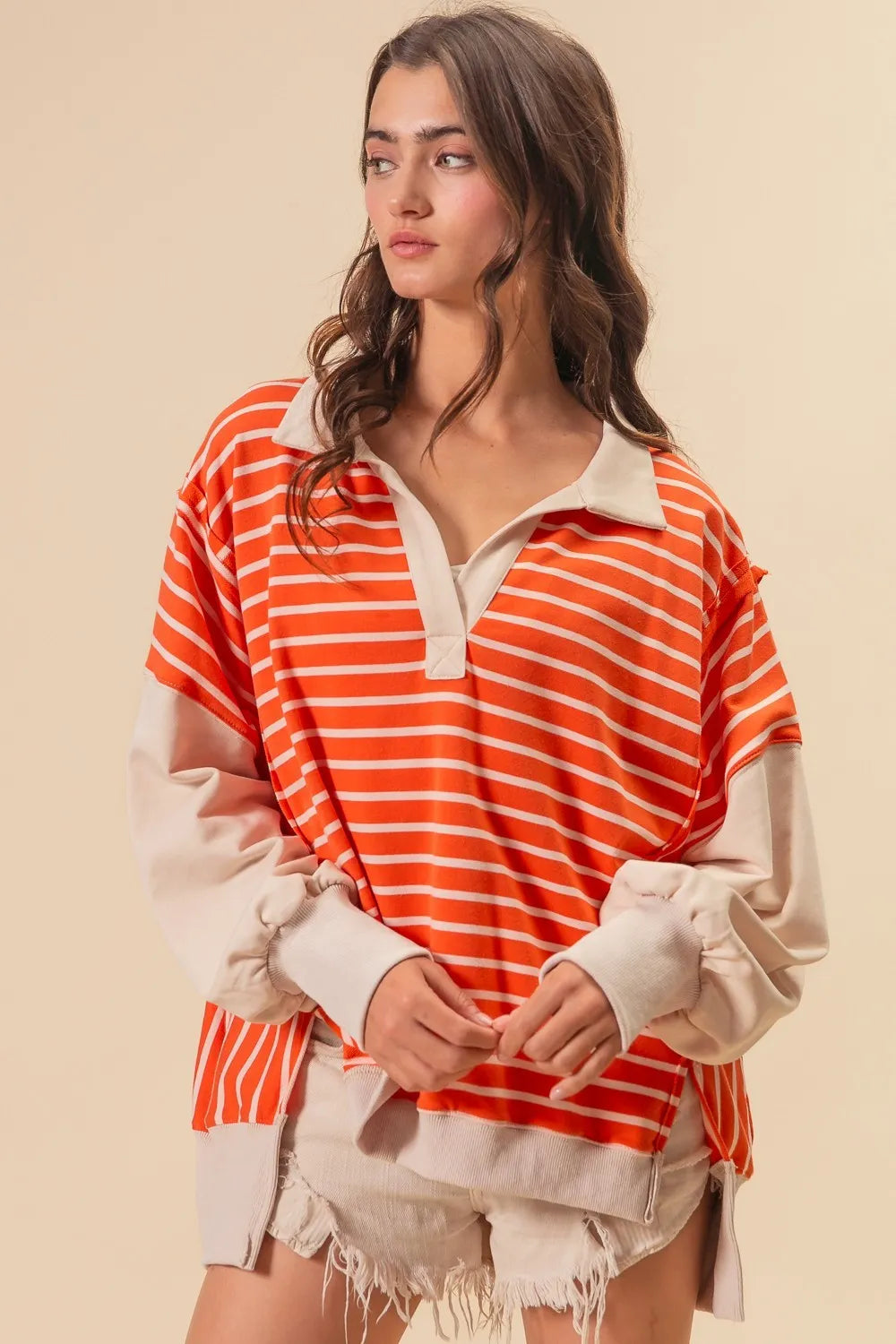 BiBi Stripe Knit Loose Fit T-Shirt with Cut Edge Detail - Casual Women's Top for Everyday Wear, Outings & Layering