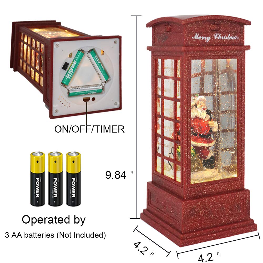 Eldnacele Christmas Snow Globe Lantern Phone Booth - Battery Operated Festive Ornament with Swirling Water & Glitter, Timer Function - Perfect for Holiday Tabletop Centerpiece, Home Decor, Gift Giving & Winter Wonderland Displays