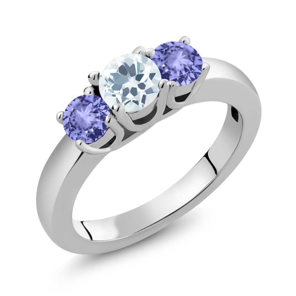 925 Sterling Silver Wedding Ring for Women - 1.00 Ct Round Sky Blue Aquamarine & Tanzanite Bridal Jewelry Set - Perfect for Engagement, Anniversary & Special Occasion Gifts