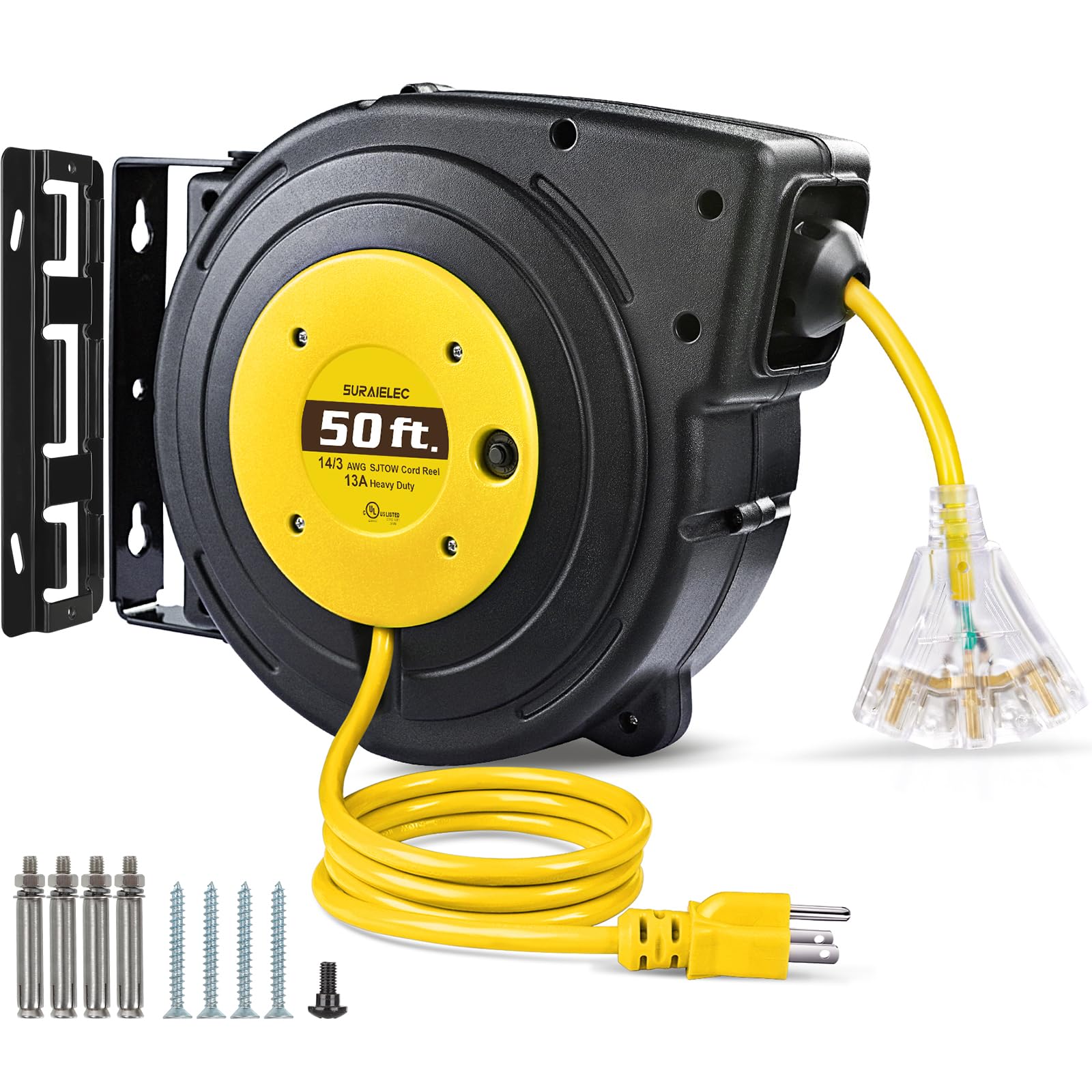 SURAIELEC 50 FT Heavy Duty Retractable Extension Cord Reel - 14 AWG/3C SJTOW Power Cord with 13 AMP Circuit Breaker & Lighted Triple Tap - UL Listed for Workshop, Garage, and Outdoor Use - Wall or Ceiling Mountable