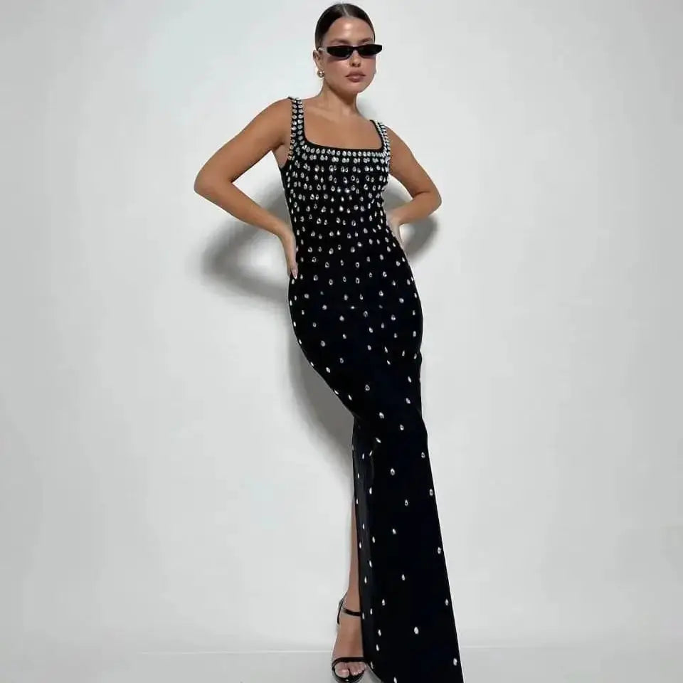 Black & Sky Blue Women's Sleeveless Sexy O-Neck Crystal Bodycon Bandage Long Dress - Perfect for Nightclub Parties, Evening Events & Special Occasions