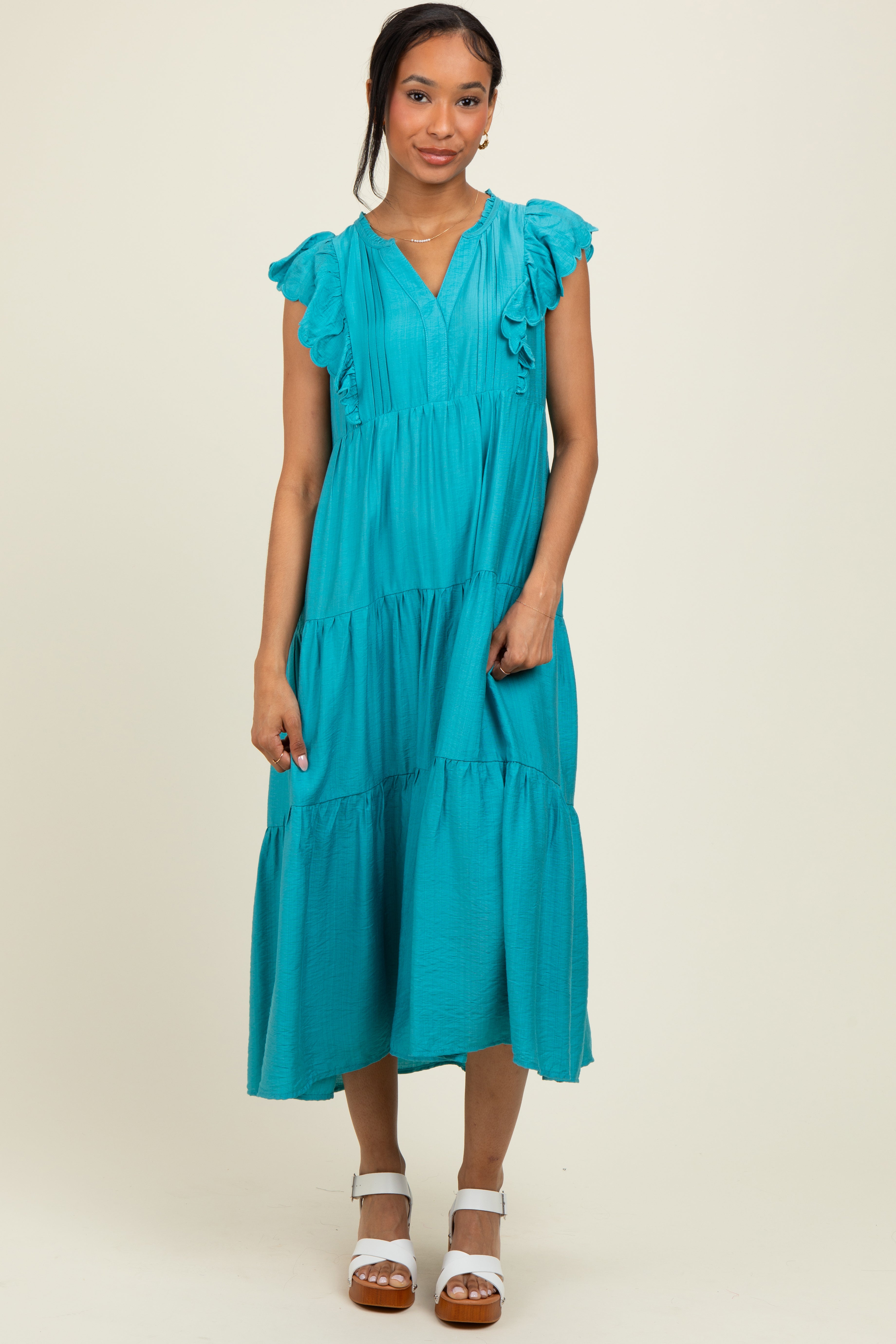 Aqua Ruffle Sleeve Tiered Midi Dress for Women - Summer Flowy Boho Beach Dress for Vacation, Party & Date Night