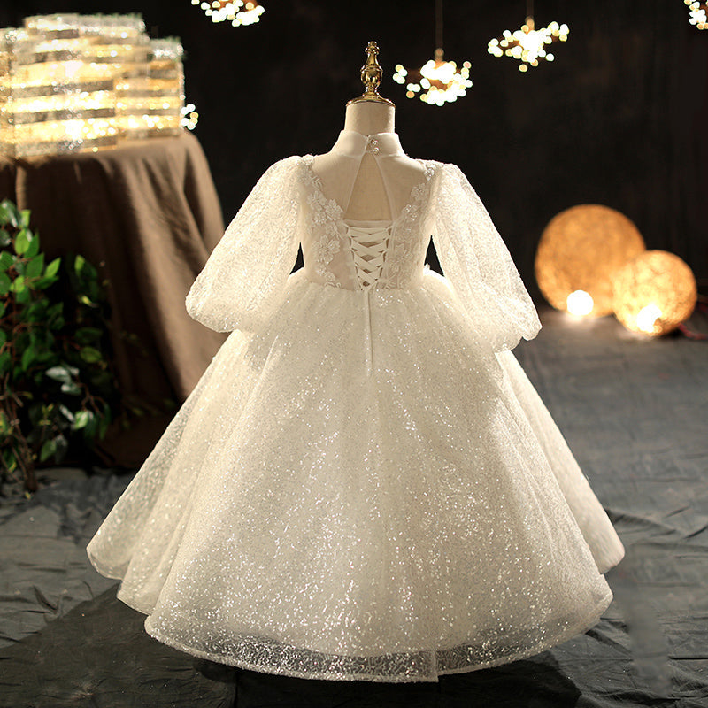 Elegant White Lace Flower Girl Dress with Long Puff Sleeves - Perfect for Weddings, Baptisms & Special Occasions