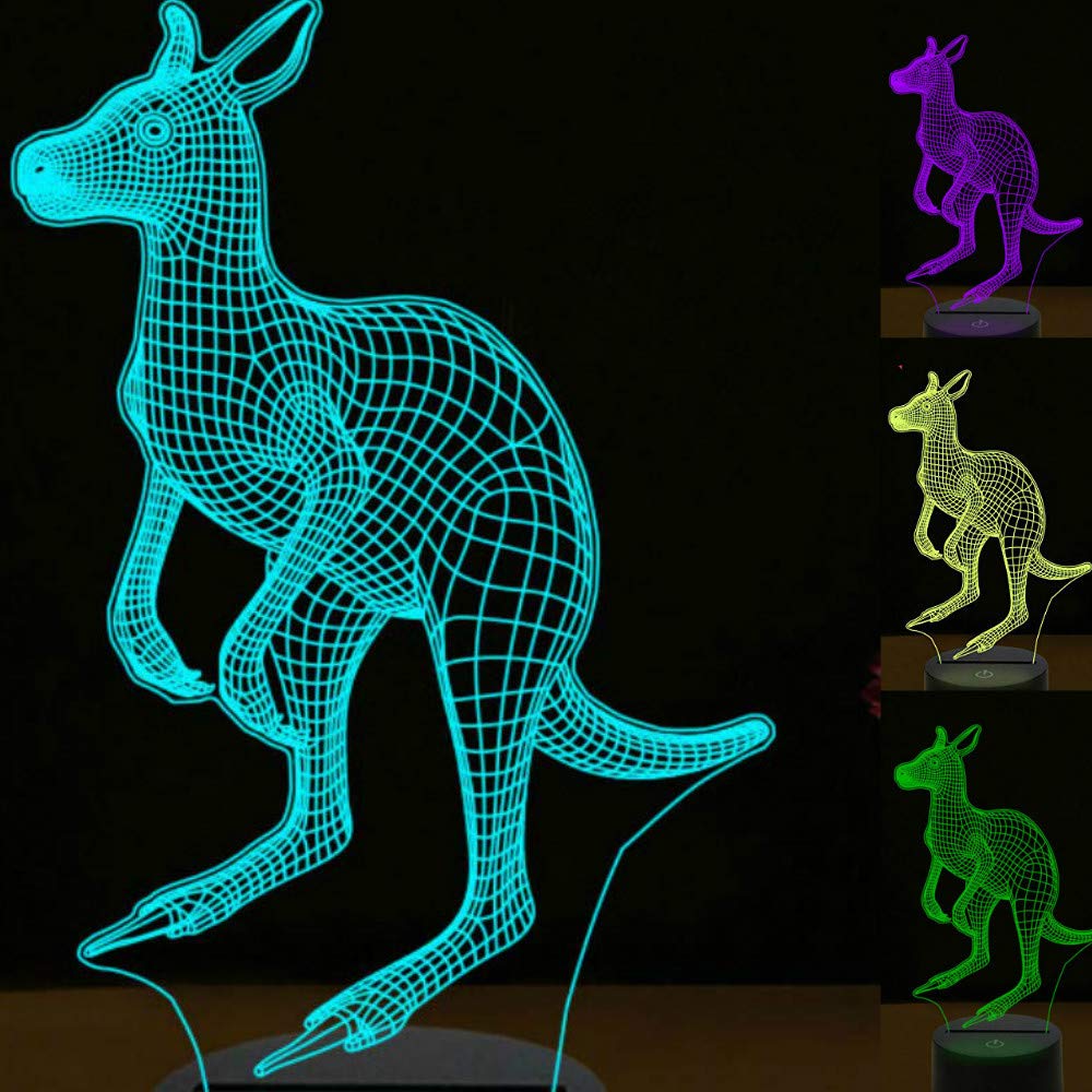 3D Kangaroo Night Light Lamp - 7 Color Changing LED Illusion Night Light with Touch Switch, USB Cable & Acrylic Base - Perfect for Kids' Room, Nursery Decor, Desk Lamp & Gift Idea