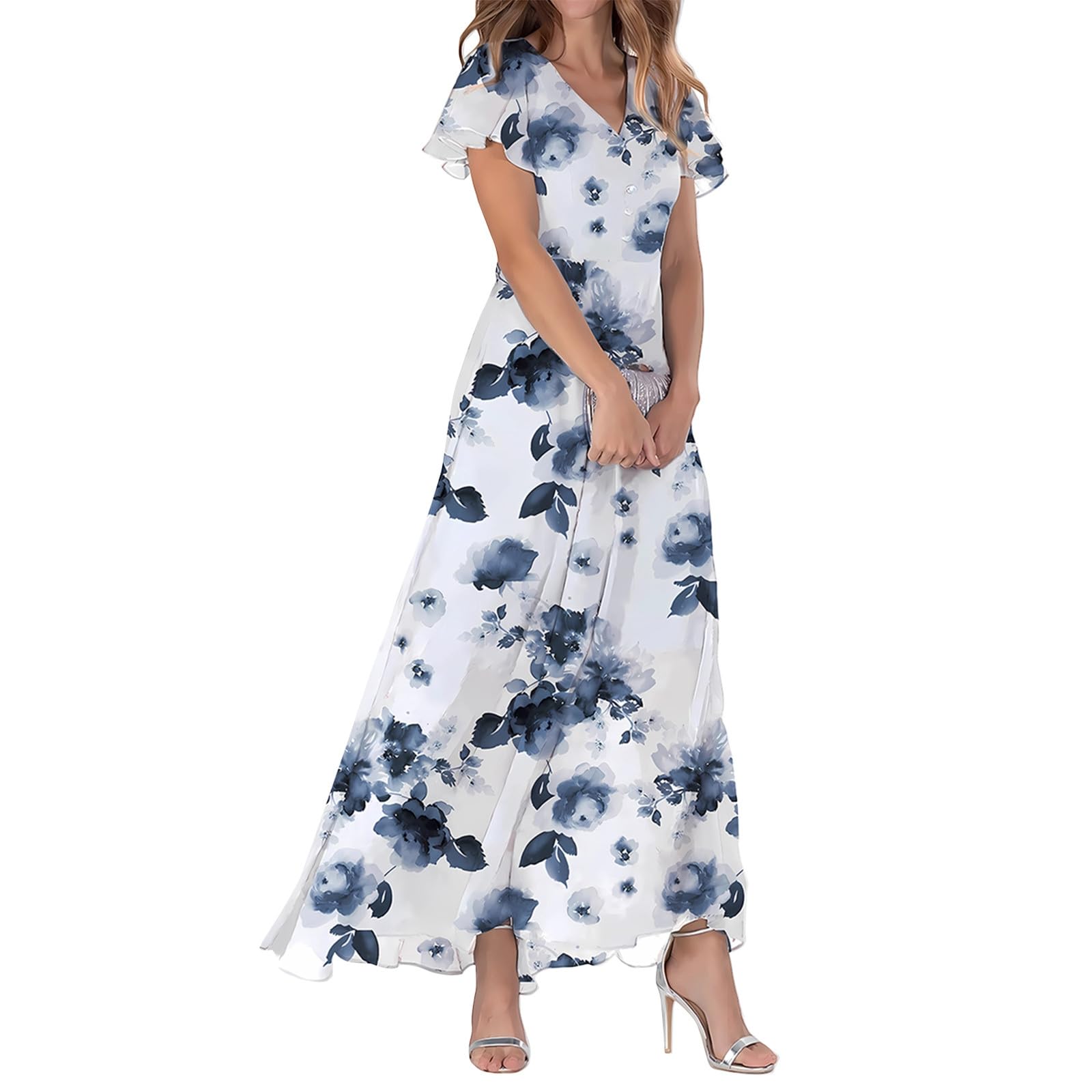 Elegant Flowy Chiffon Maxi Dress for Women - Floral Wedding Guest Dress, Semi Formal Summer Outfits | Perfect for Garden Parties, Bridal Showers & Beach Vacations