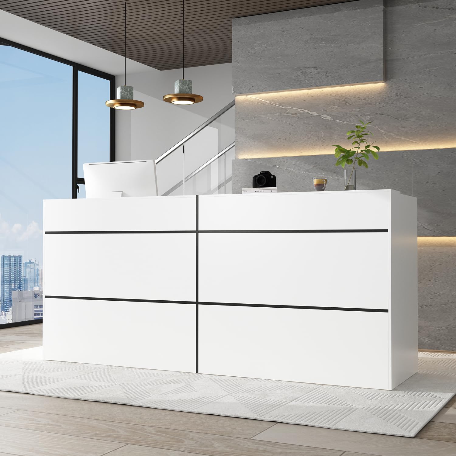 ECACAD Extra Long Reception Desk with Drawers - Modern Office Desk for 2 People, White (86.6”L x 23.6”D x 39.3”H) - Perfect for Hotel Lobby, Corporate Office & Clinic Waiting Area