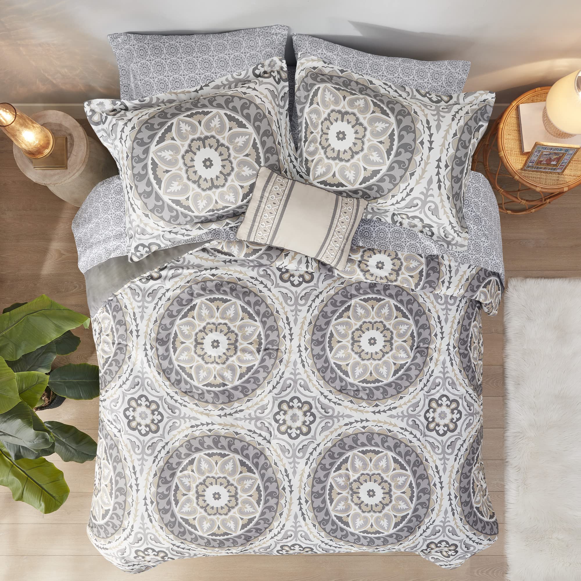 Madison Park Essentials Serenity 9-Piece Bed in a Bag Comforter Set - Medallion Damask Design, All-Season Cotton Bedding with Sheet Set & Bedskirt, Full Size (78
