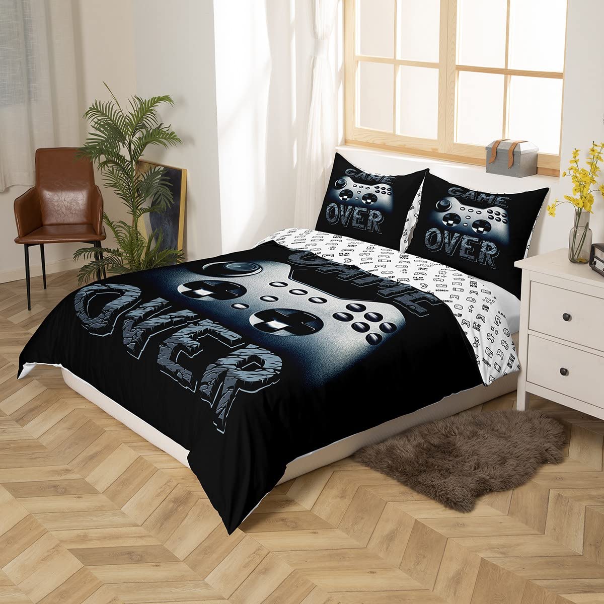 Feelyou Video Game Comforter Set for Boys - Black Gaming Bedding with Controller Design, Twin Size 2-Piece Quilt Cover & Pillowcase - Perfect for Teen Bedrooms, Gaming Themed Decor, and Kids' Sleepovers