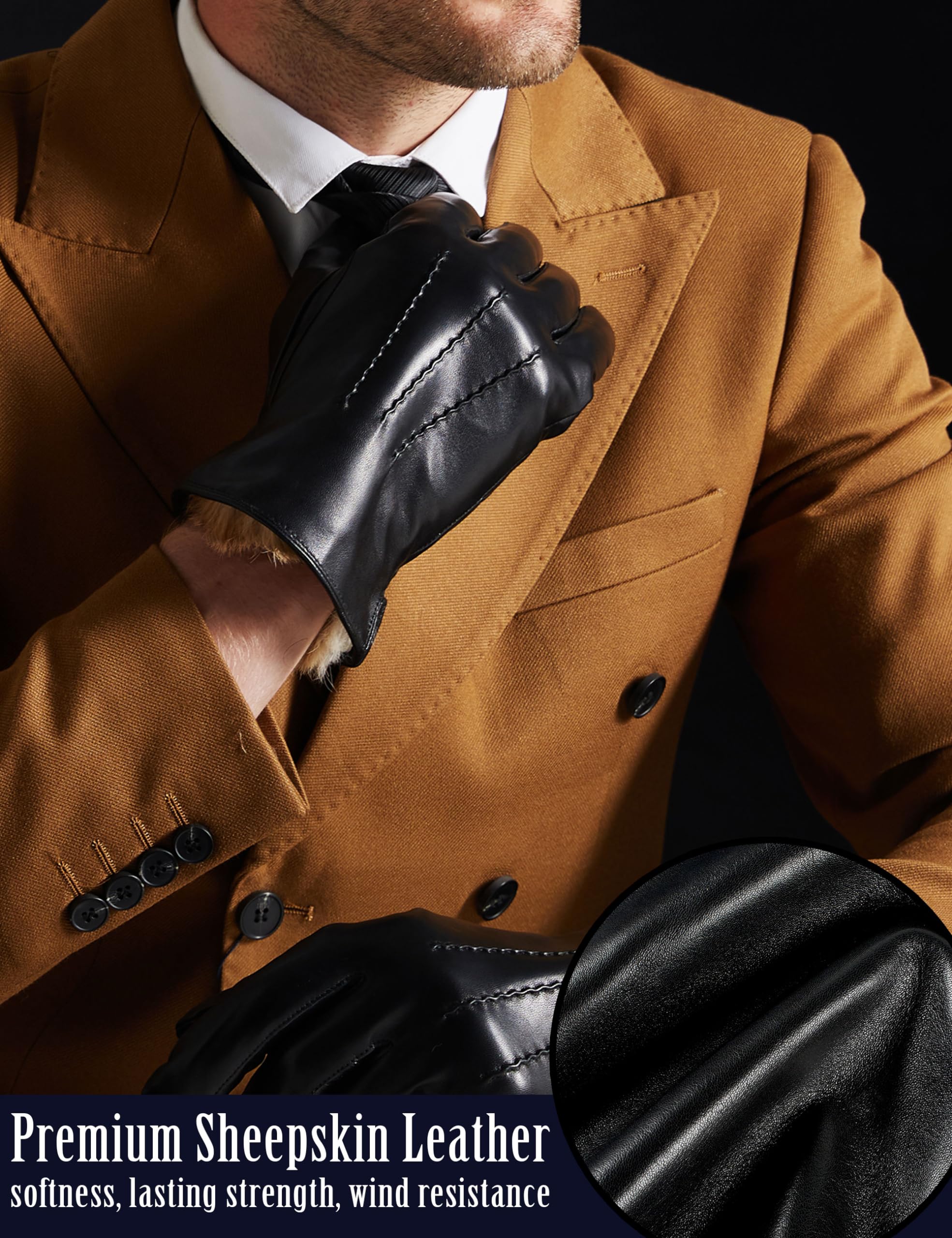 Premium Men's Winter Gloves - Soft Rabbit Fur Lined, Touchscreen Compatible for Texting & Driving - Warm & Stylish Cold Weather Accessory for Outdoor Activities, Commuting, and Daily Use