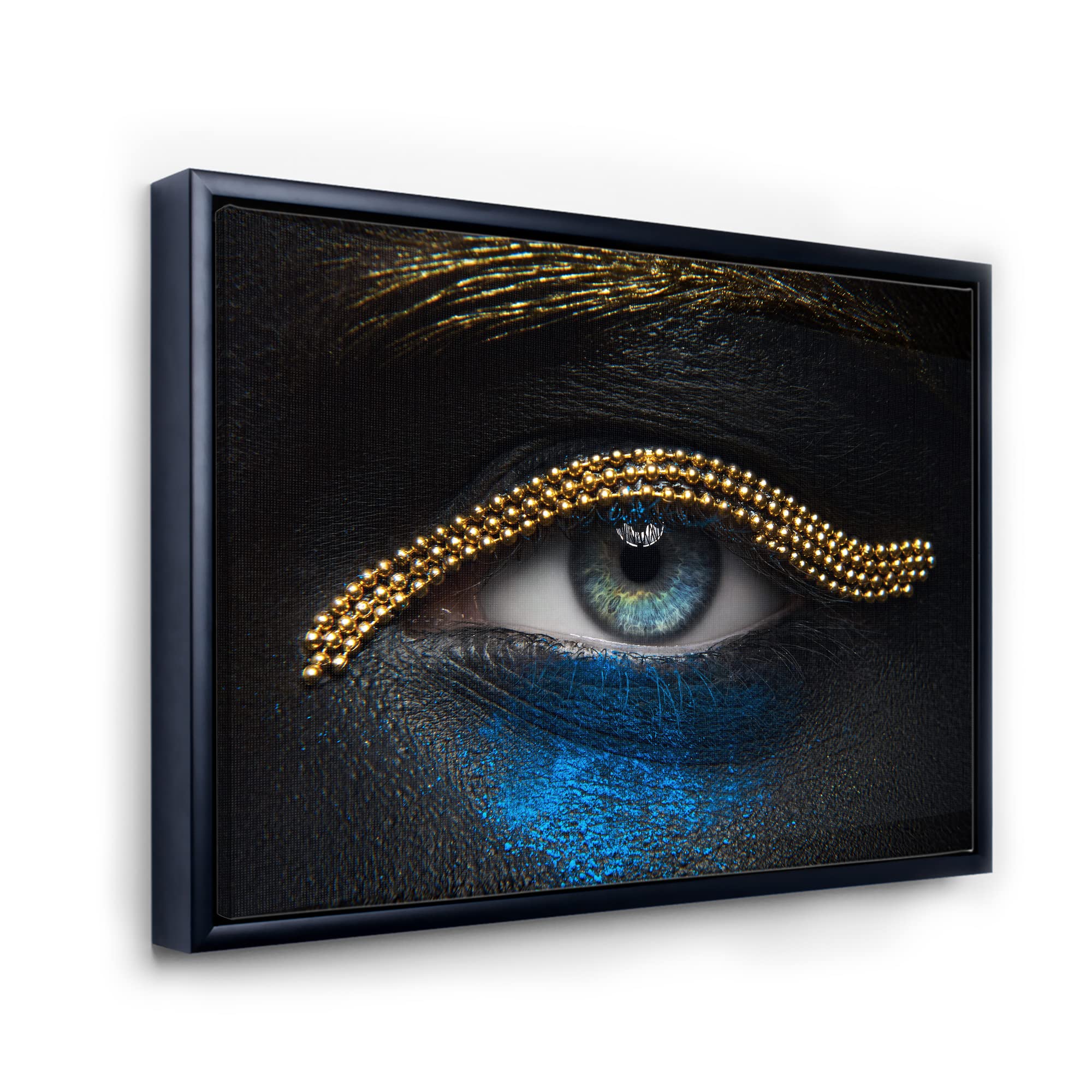 Gold Chain & Blue Pigment Modern Framed Canvas Wall Art Print - Elegant Woman Eyes Painting for Living Room, Bedroom & Office Decor