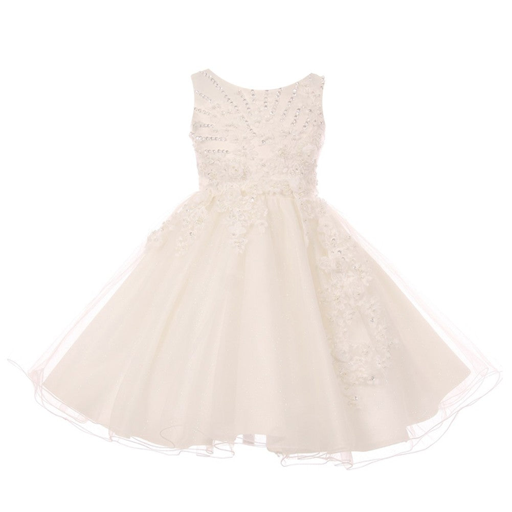 Ivory Pearl Beaded Glitter Tulle Junior Bridesmaid Dress for Big Girls Size 8-12 | Flower Girl Dress for Weddings, Parties & Special Occasions