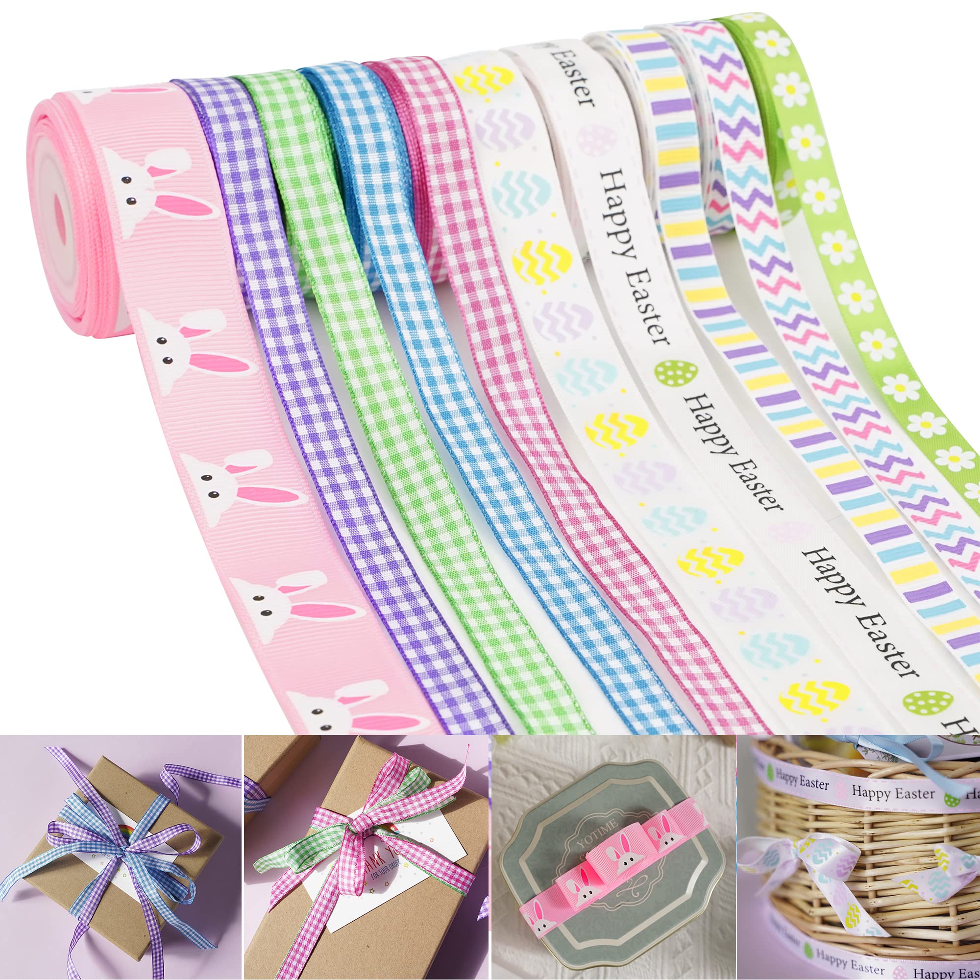 Pastel Easter Ribbon Set - 10 Assorted Printed Bunny & Egg Gingham Ribbons for Gift Wrapping, Crafts, Sewing - 5 Yards Each (50 Yards Total) - Perfect for Easter Decorations, DIY Projects & Spring Party Favors