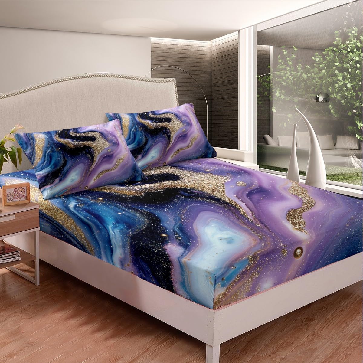 Modern Marble Twin Fitted Sheet Set - Blue Purple Gold Abstract Stone Pattern Bedding | Soft Tie-Dye Pastel Design for Kids, Teens & Adults | Perfect for Nursery, Dorm Room & Master Bedroom Decor