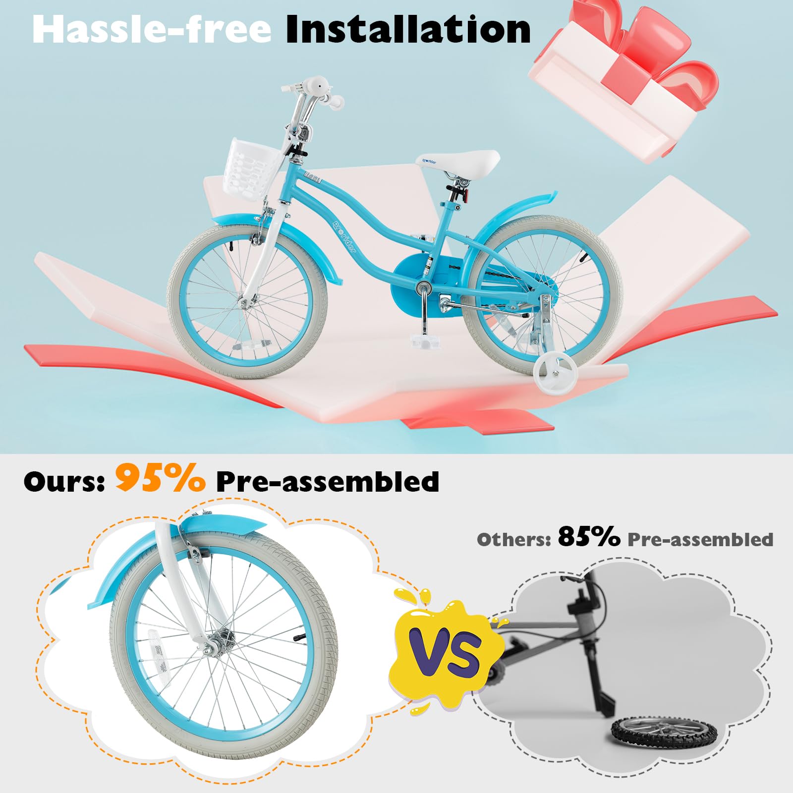BABY JOY Kids Bike for Boys & Girls - 12, 14, 16, 18, 20 Inch Children's Bicycle with Adjustable Seat, Removable Basket, Handbrake & Coaster Brake - Includes Training Wheels & Kickstand - Multi-Color Options - Perfect for Neighborhood Rides, Park Adventures & Learning to Cycle