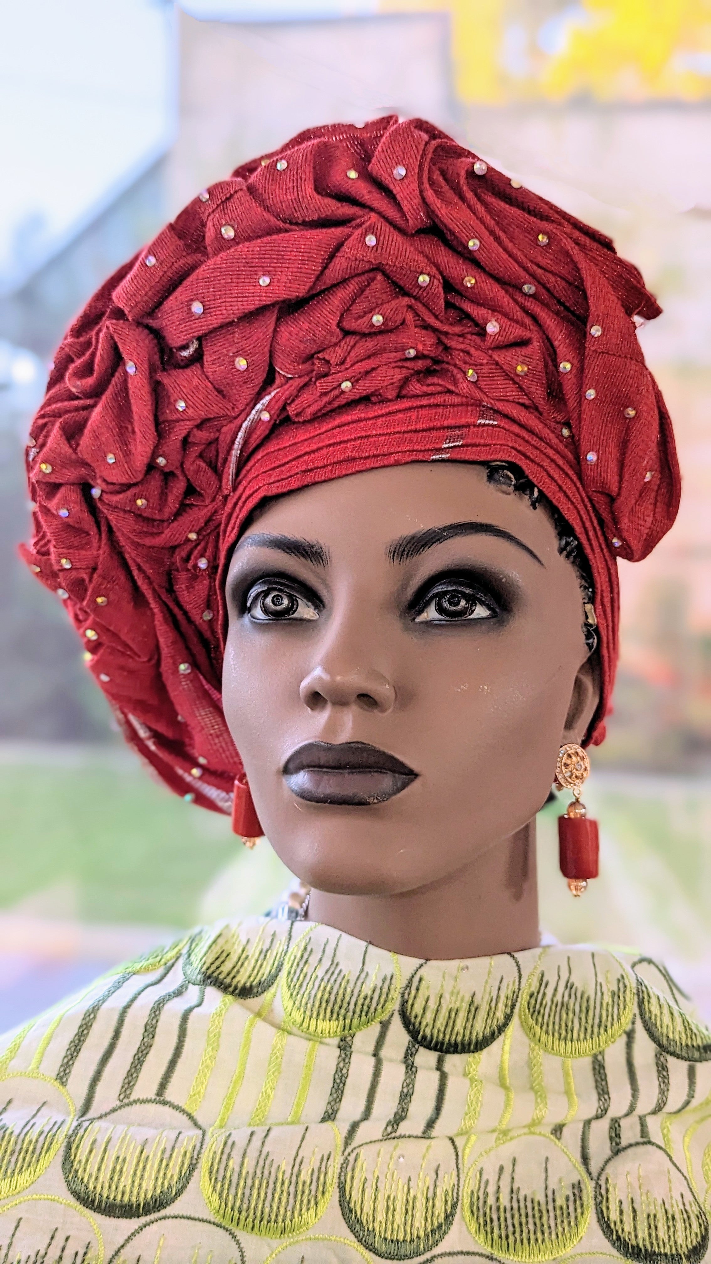 Red and Silver Dahomey African Aso Oke Head Wrap - Ready-to-Wear Pre-Tied Gele for Women | Perfect for Weddings, Parties & Cultural Events | DPARSBL30