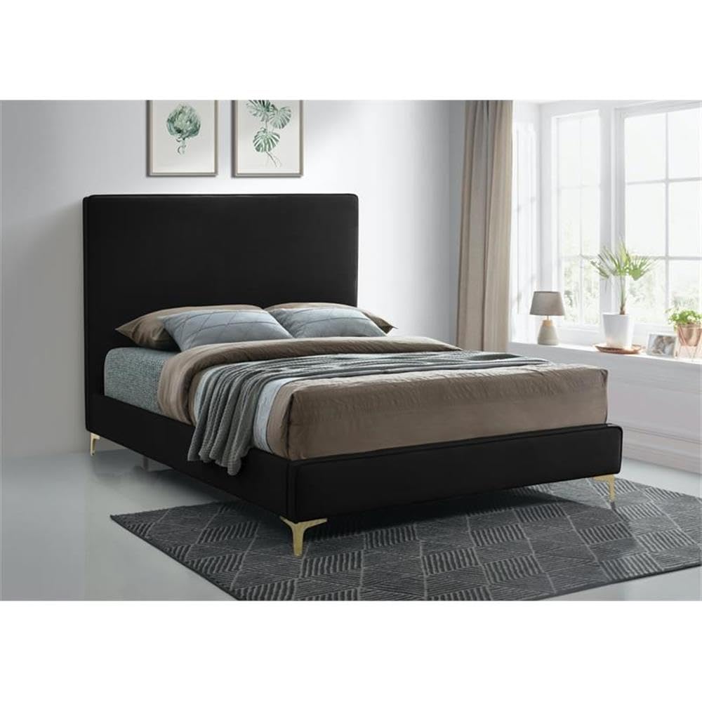 Modern Velvet Upholstered Bed with Gold/Chrome Headboard - Full Size Black Platform Bed Frame - Geri Collection by Meridian Furniture for Luxurious Bedroom Decor