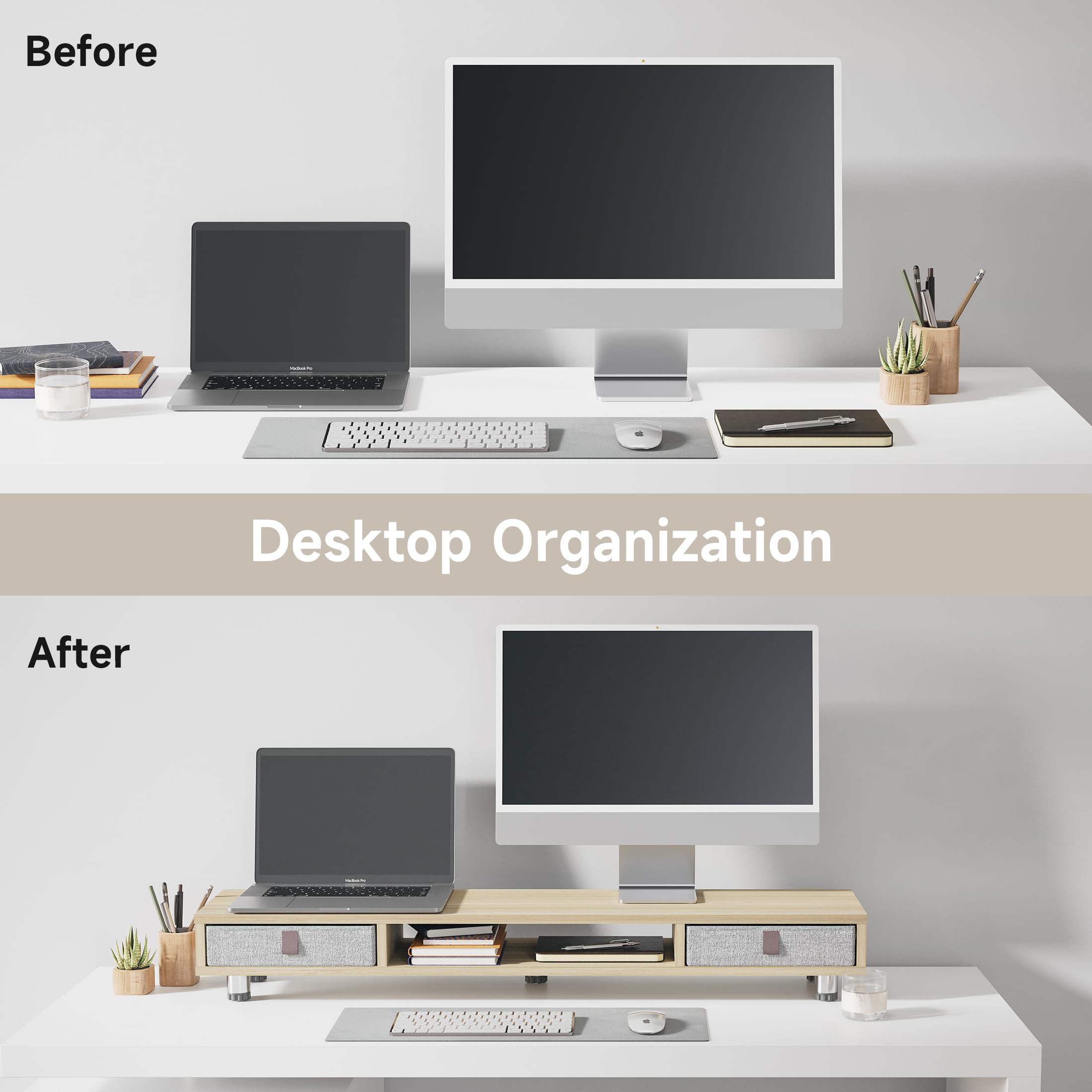 FENGE Dual Monitor Stand with 2 Drawers - Adjustable Height Oak Wood Monitor Riser for 2 Monitors, Computer, Laptop, PC, TV & Printer - Perfect for Home Office, Gaming Setup & Workspace Organization
