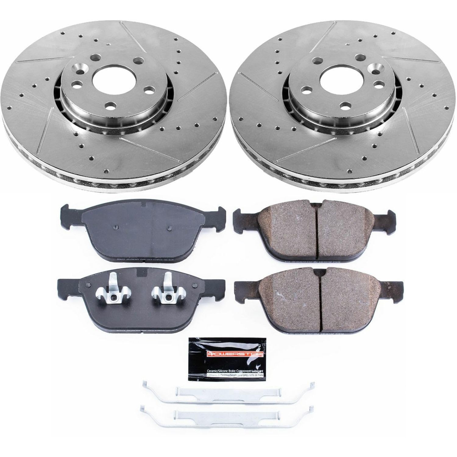 Power Stop K5702 Z23 Carbon Fiber Brake Pads & Drilled Slotted Rotors Kit for Volvo XC60 2010-2015 - High Performance Braking for Daily Commute & Mountain Driving