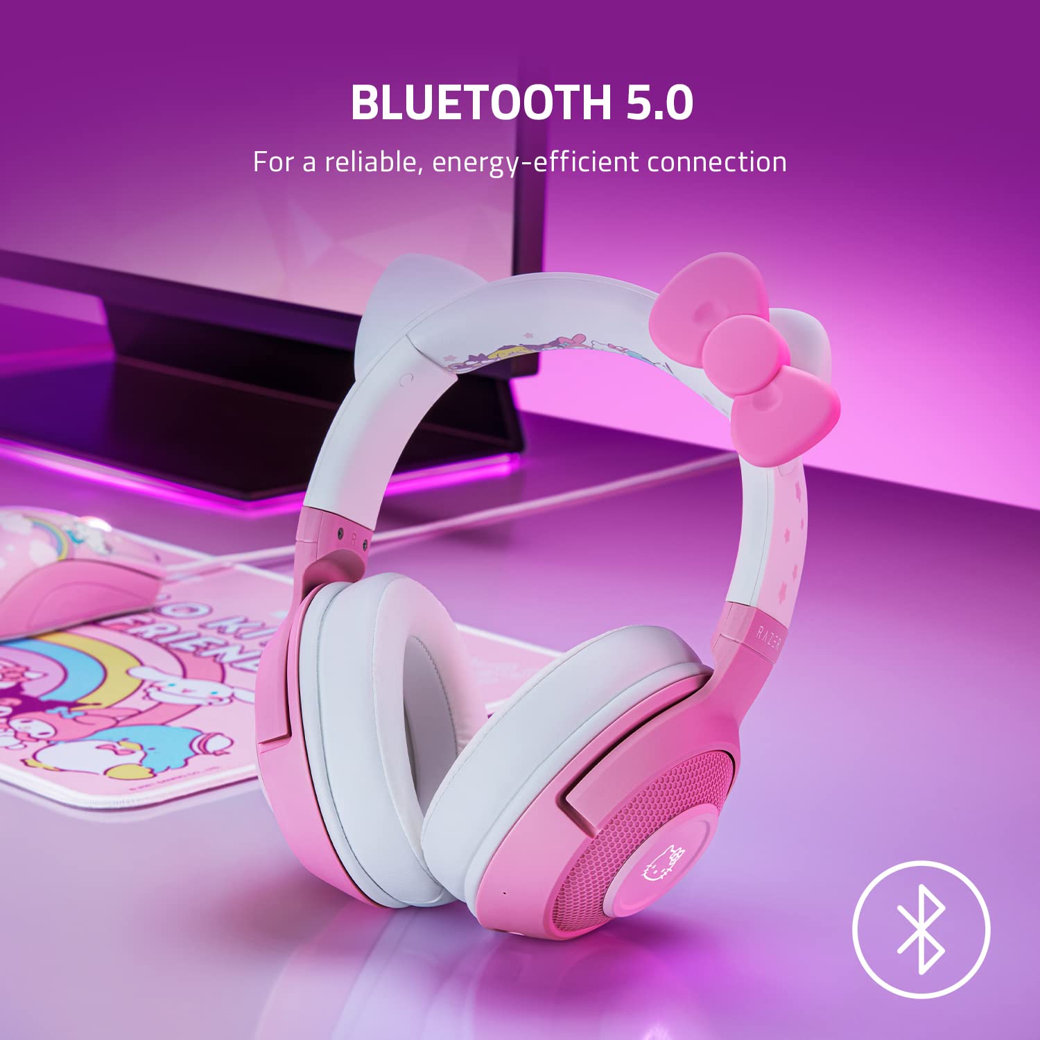 Razer Kraken BT Wireless Gaming Headset with Bluetooth 5.0, 40ms Low Latency, 40mm Custom-Tuned Drivers, Beamforming Mic & Chroma RGB - Hello Kitty Edition - Perfect for PC, PS5, Nintendo Switch & Mobile Gaming