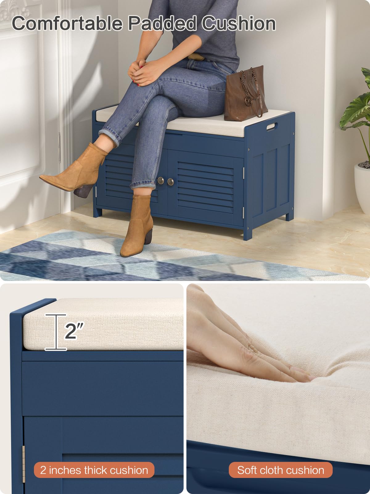 Knowlife Shoe Storage Bench with Cushioned Seat & Lift Top - 2 Door Entryway Shoe Rack with Adjustable Shelves - Perfect for Hallway, Mudroom, Living Room & Bedroom Organization - Blue Home Furniture