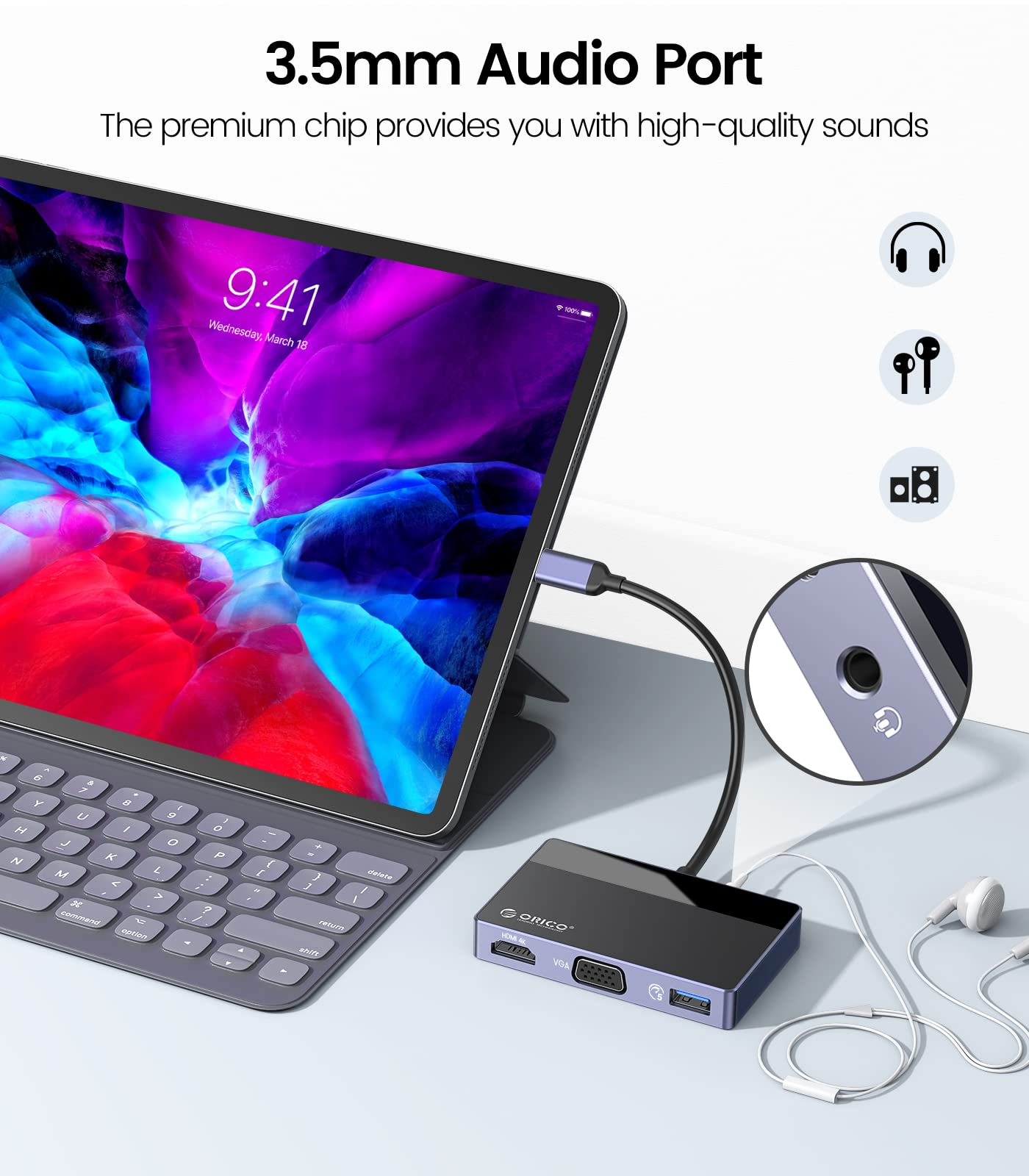 ORICO 5-in-1 USB-C Hub Multiport Adapter with 4K HDMI, VGA, 100W PD Charging, USB 3.0 & 3.5mm Audio - USB C Dock for MacBook Pro/Air, Dell, HP, Lenovo Laptops - Perfect for Home Office, Travel & Presentations