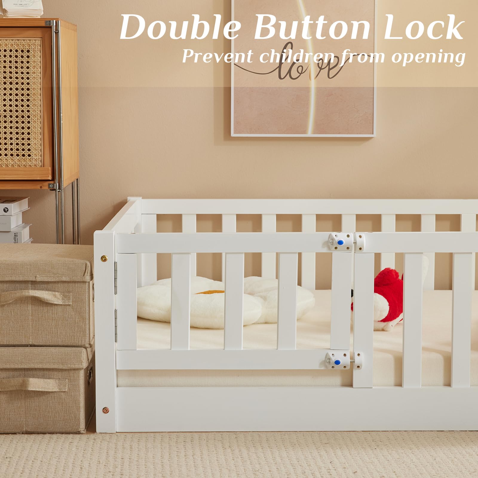 Montessori Toddler Floor Bed with Safety Guardrails - Solid Wood Twin Bed Frame for Kids, Girls & Boys - White Karl Home Bed with 12 Slats, Door & Fence | Perfect for Montessori Rooms, Daycare Centers & Safe Toddler Sleeping Spaces