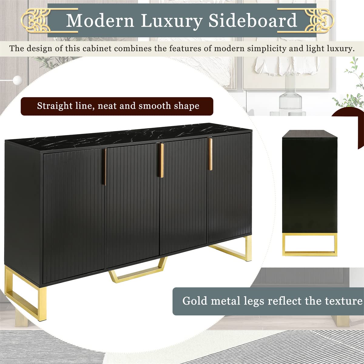 Modern 4-Door Mid Century Storage Cabinet with Metal Handles & Legs - Adjustable Shelves Kitchen & Living Room Sideboard - Black | Perfect for Dining Room, Hallway & Home Office Organization
