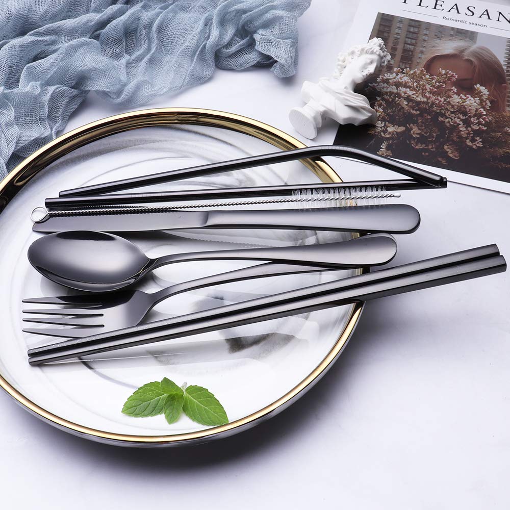 Portable Stainless Steel Flatware Set - 4-Piece Travel & Camping Cutlery Utensils with Waterproof Case | Durable Silverware for Outdoor Picnics, Hiking, Backpacking & RV Trips (Black)