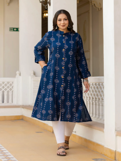 Plus Size Dark Blue Front Slit Princess Kurti for Women - Elegant Indian Tunic Top with Side Slits for Casual Wear & Festive Occasions