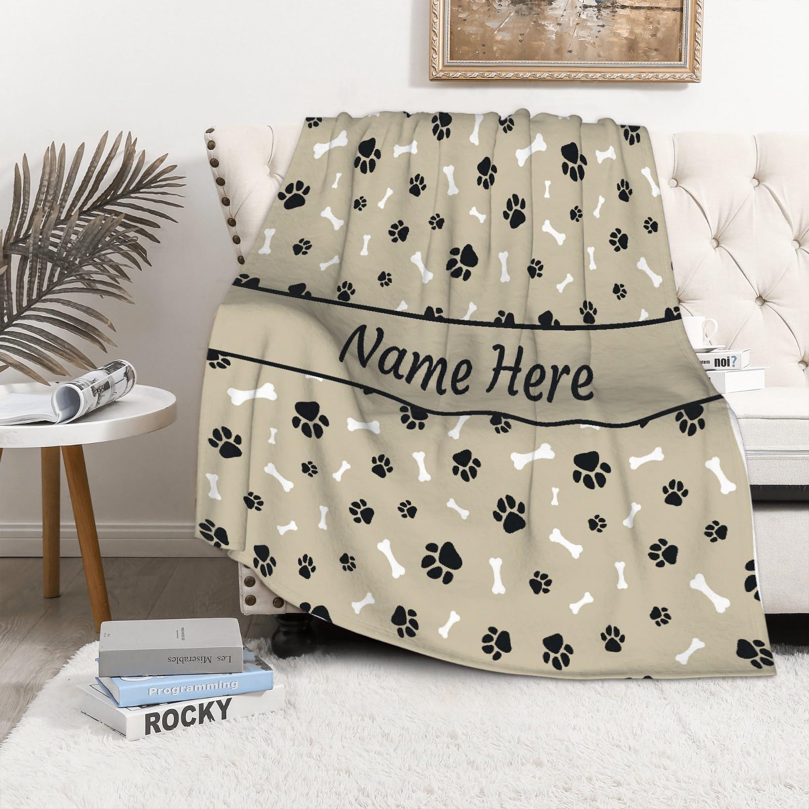 **Custom Personalized Dog Blanket with Name - Soft Cozy Fleece Pet Blanket for Puppy, Cute Dog Paws & Bones Design - Perfect Gift for Dog Lovers, Mom & Dad - Great for Bed, Sofa, Couch & Travel**