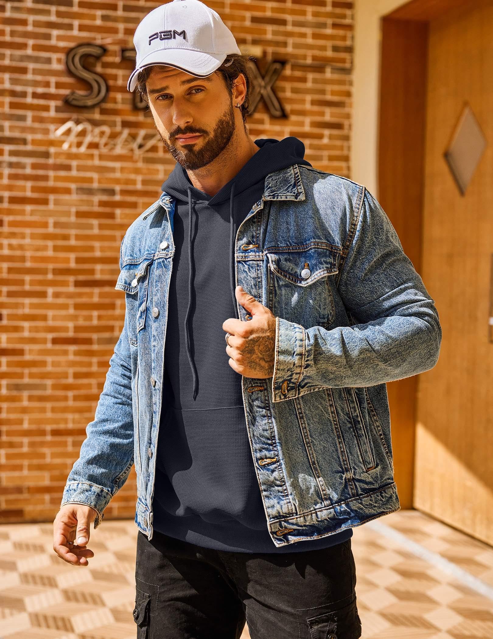 COOFANDY Men's Hooded Sweatshirt - Long Sleeve Waffle Knit Pullover Hoodie with Pocket | Casual Streetwear for Fall & Winter | Perfect for Outdoor Activities, Gym, and Everyday Wear