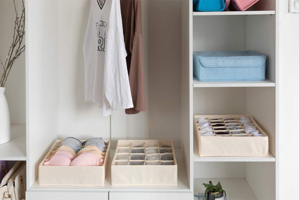 ALYER Collapsible Fabric Drawer Organizer - 24 Cell Storage Box for Underwear, Socks, Bras & Accessories | Foldable Closet Organizer Bins for Dresser, Bedroom & Bathroom | Space Saving Beige Storage Solution