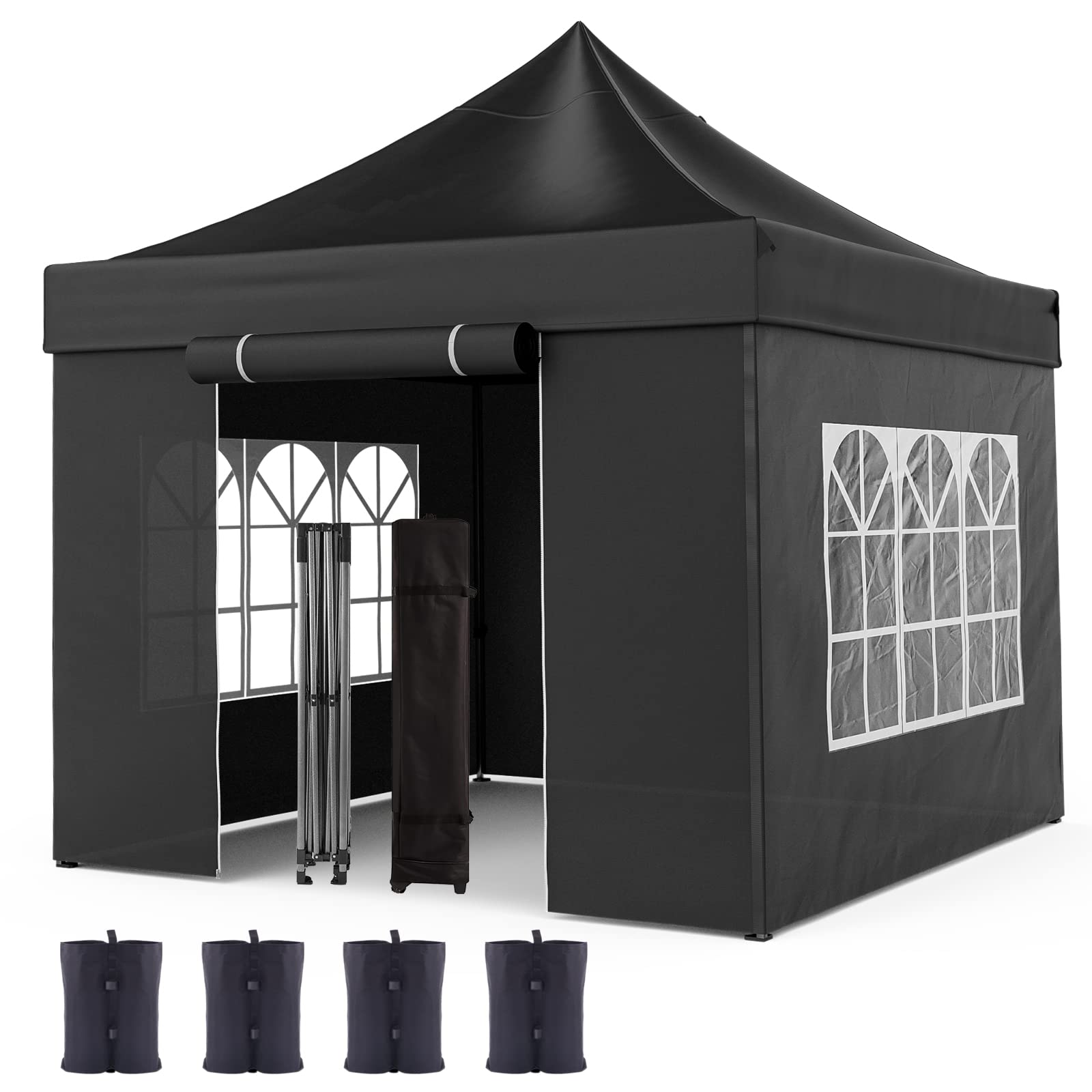 10x10 Ft Pop Up Canopy Tent - Waterproof Instant Shelter with Wheeled Carry Bag for Weddings, Parties & Outdoor Events | Includes 4 Sandbags, 4 Stakes & 4 Ropes (Black) | Perfect for Backyard BBQs, Beach Outings & Farmers Markets