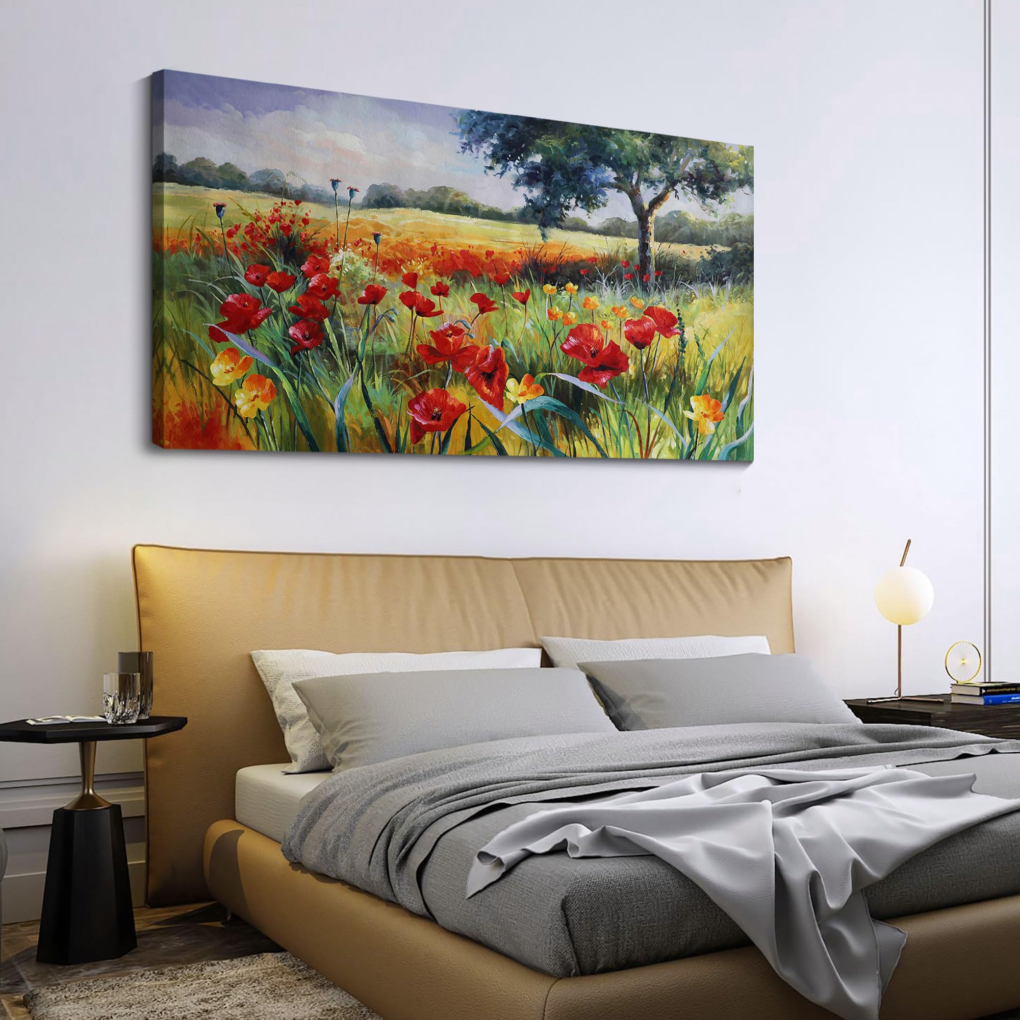 Large Green Trees & Red Yellow Flowers Canvas Wall Art - Modern Nature Prints Framed Decor for Living Room & Bedroom (24x48 Inches) - Perfect for Home, Office & Apartment Decoration